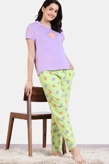 Buy Zivame Sunset Disco Knit Cotton Pyjama Set - Daiquiri Green